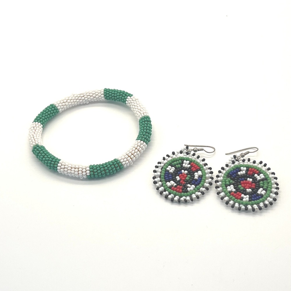 Handmade Round Seed Beaded Multicolor Dangle Earrings Bangle Bracelet Green VTG‎
